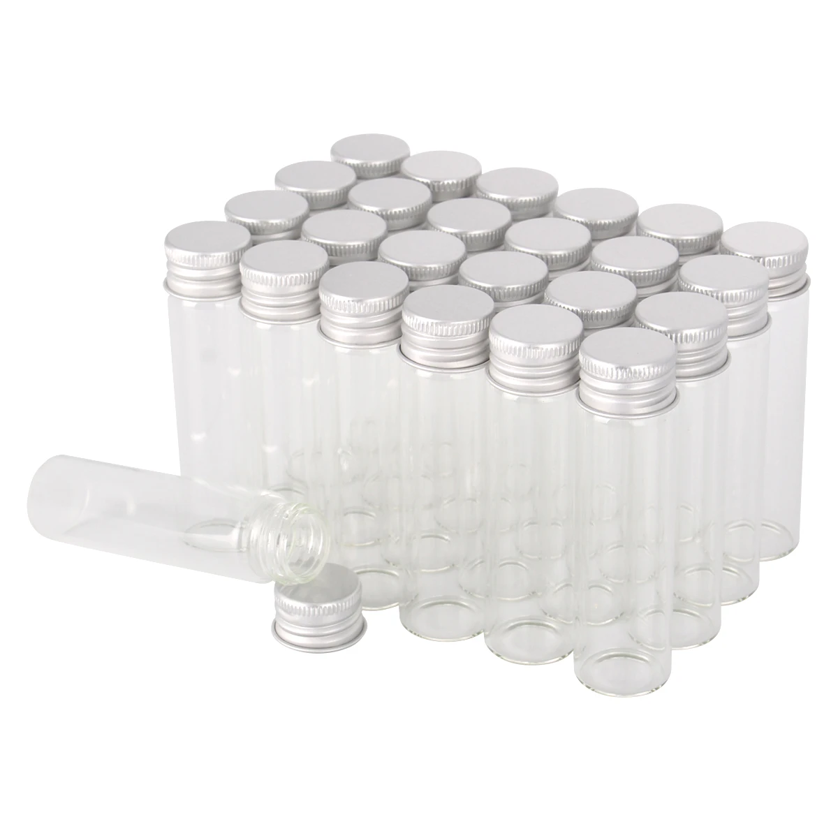 

24 pieces/lot 5ml 7ml 10ml 14ml 18ml 20ml 25ml 30ml Glass Bottles with Aluminum Caps Empty Perfume Candy Jars for Art DIY Crafts