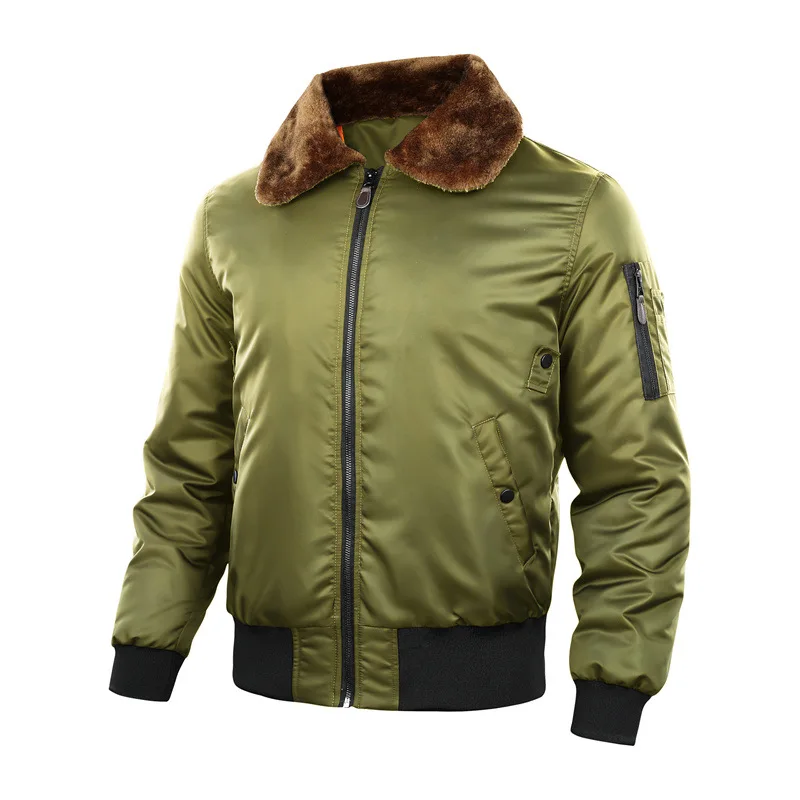 Effen Kleur Verdikte Warme Flip Kraag Bontkraag Heren Piloot Parka 'S Winter Winddicht Casual Losse Militaire Tactische Jas Ropa