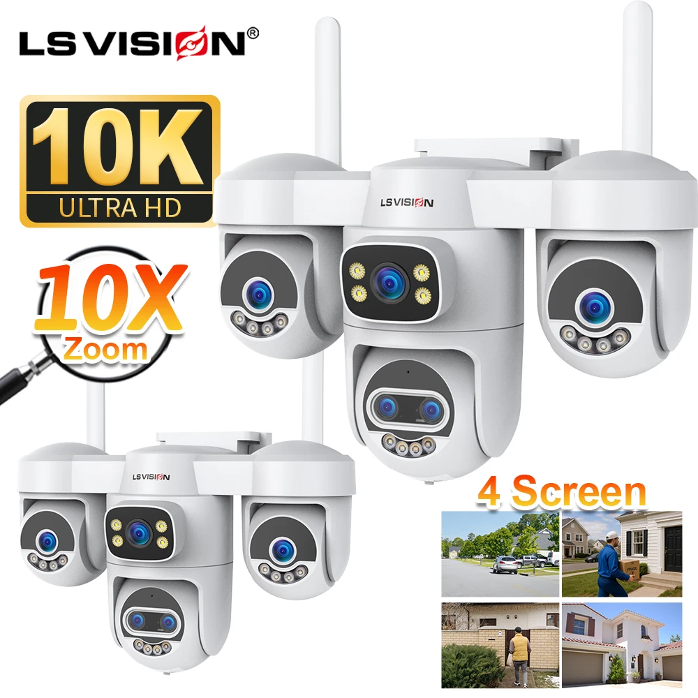 LS VISION 20MP 10-krotny zoom 3-PTZ czteroekransowa kamera IP WiFi do użytku zewnętrznego, 5-obiektywowa, z automatycznym śledzeniem ruchu, pełnokolorowym trybem nocnym, dwukierunkowym audio,