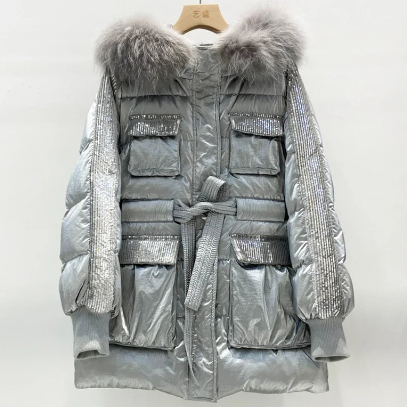 Fashion Bright Silver Down Jacket Women Winter Coat 2024 New Hooded Fur Collar Warm 90% White Duck Down Jackets Female