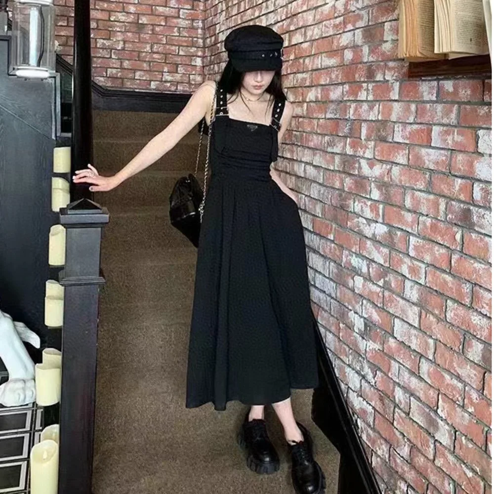 

Sling Sexy Dresses Casual Women Black Long Dress Summer A-line Fashion Young Office Lady Clothes Simple Japanese Korean Style