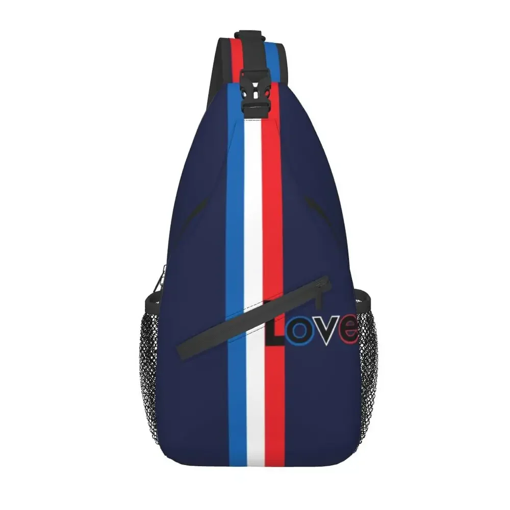 

France Flag Love Sling Chest Bag Custom French Patriotic Crossbody Shoulder Backpack for Men Travel Hiking Daypack