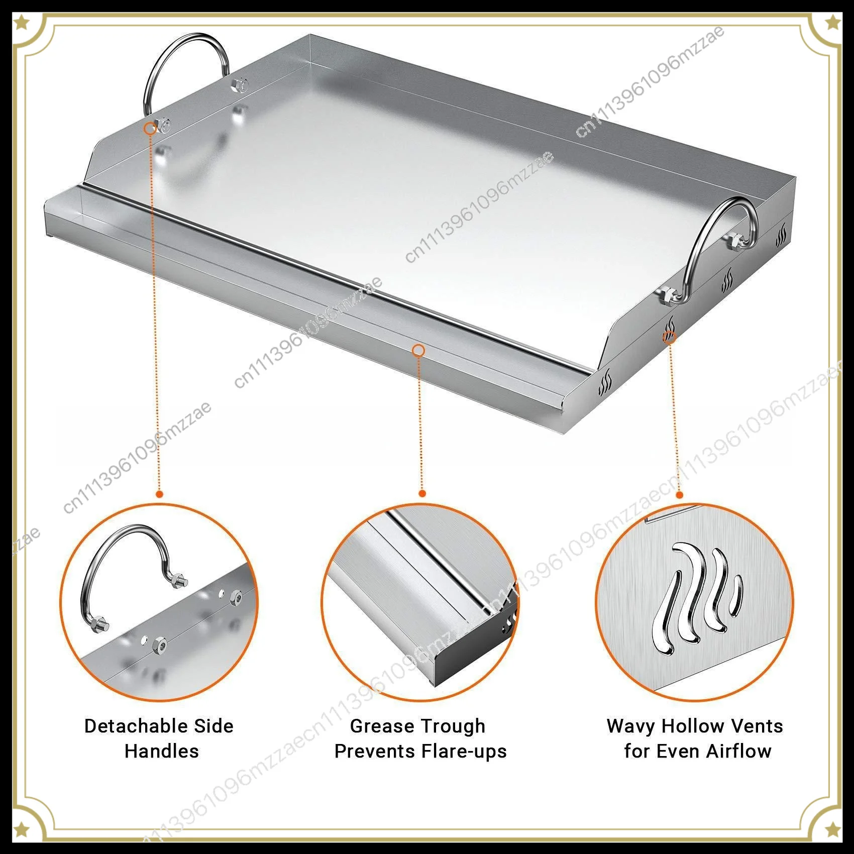 Stainless Steel Grill Pan, Flat Top Plate with Grease Slot Handle for Gas Charcoal Grills