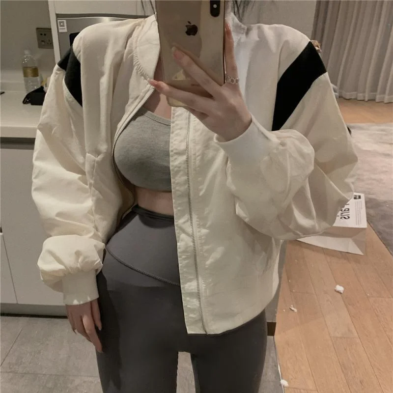 Contrast Patchwork Short Jacket Spring Autumn Women Clothing New Korean Trend Zipper Long Sleeve Loose Casual Coats Tops