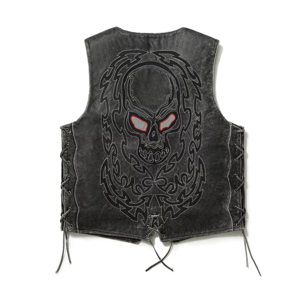 

Black Skulls Embroidery Leather Vest Men Vintage Style Plus Size 4XL Single Breasted Genuine Natural Cowhide Slim Fit Short Vest