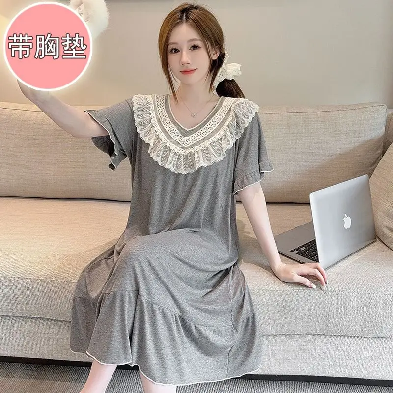 

Plus Size Short Sleeve Sexy Lace V-neck Lingerie Modal Nightgowns for Women 2025 Summer Sleepwear Night Dress Nightdress Nighty