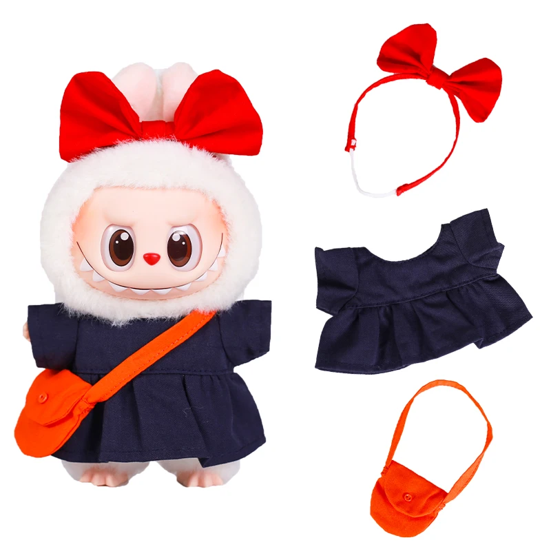 Vestiti per bambole in peluche da 17 cm per vestire le bambole di coniglio Labubu Piccola strega con fiocco Fascia per capelli/Borsa a tracolla Baby Doll Toys Abbigliamento