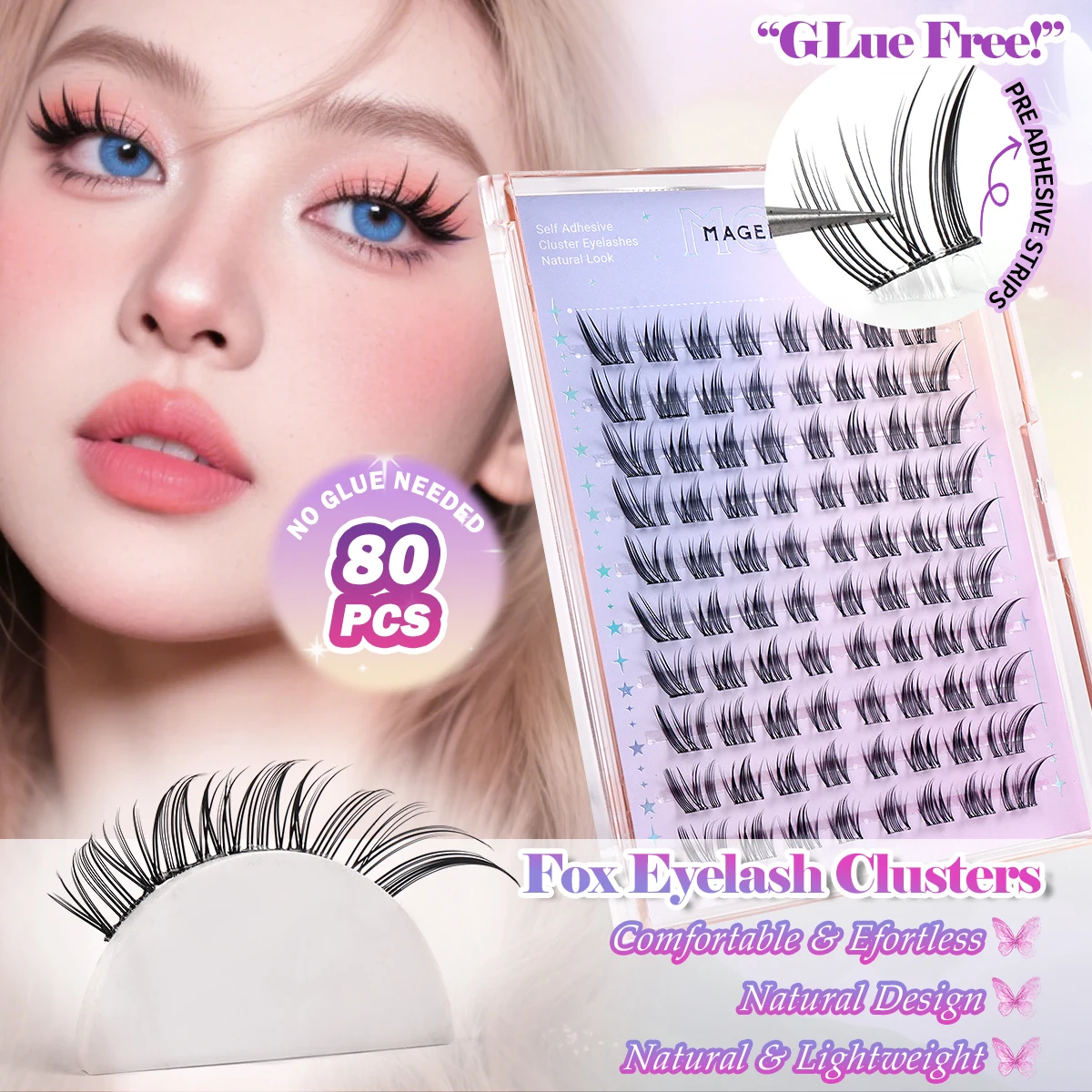 MAGEFY 80/100/120 Cluster False Eyelashes Natural Looking Glue Free Manga Lashes Cute Cartoon Cat Eye Lashes Three-Part Segment