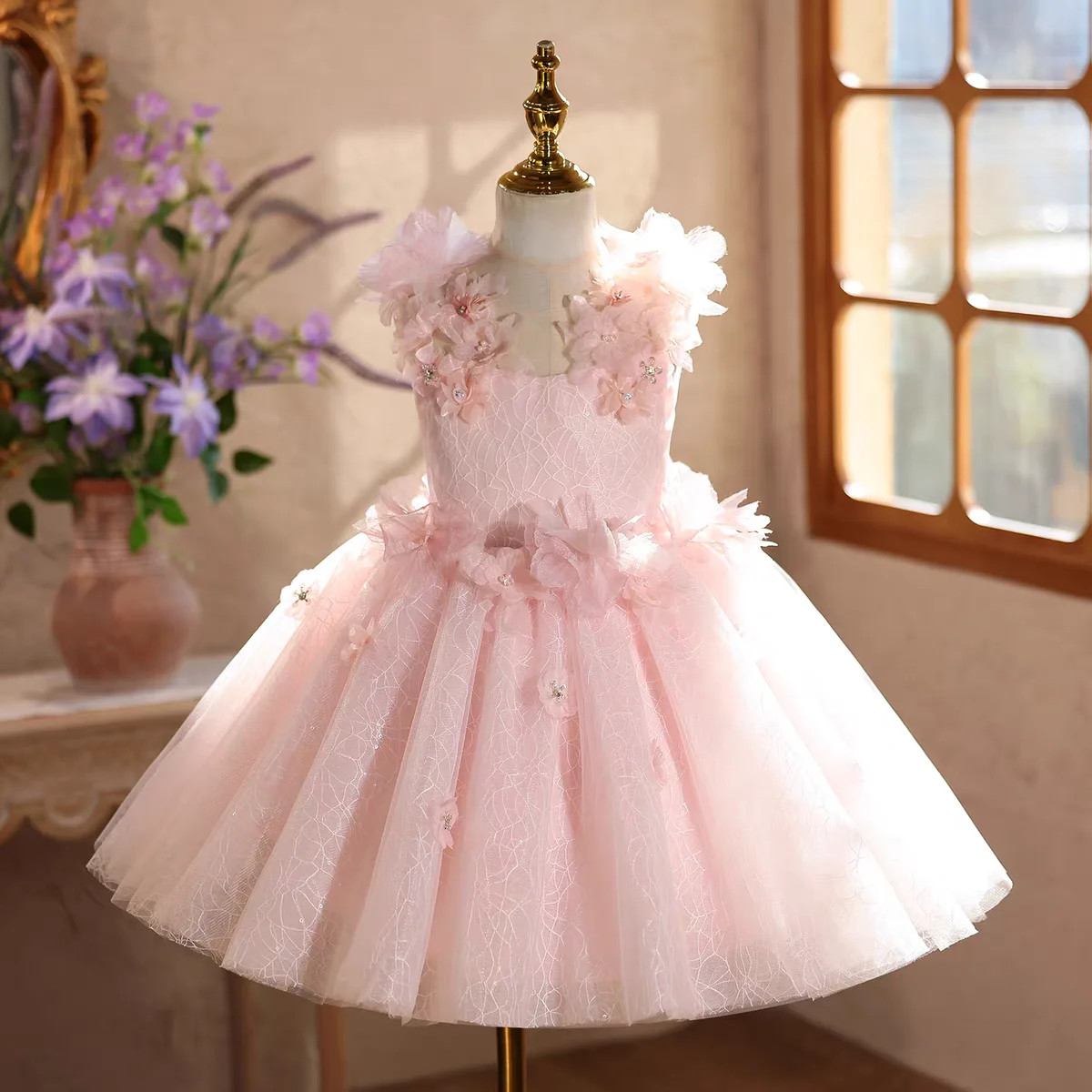 Dreamy Vow D238 Elegant Pink Flower Girl Dress 3D Flowers Lovely Princess Kids Wedding Birthday Festival Party Pageant Gown