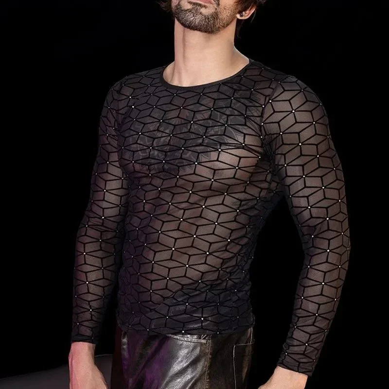 

Man's Mesh Sexy Sheer Bling Glitter Long Sleeve Light Weight Slim Fit Shirts DJ Club Bar Sexy Live Show Dance Costumes