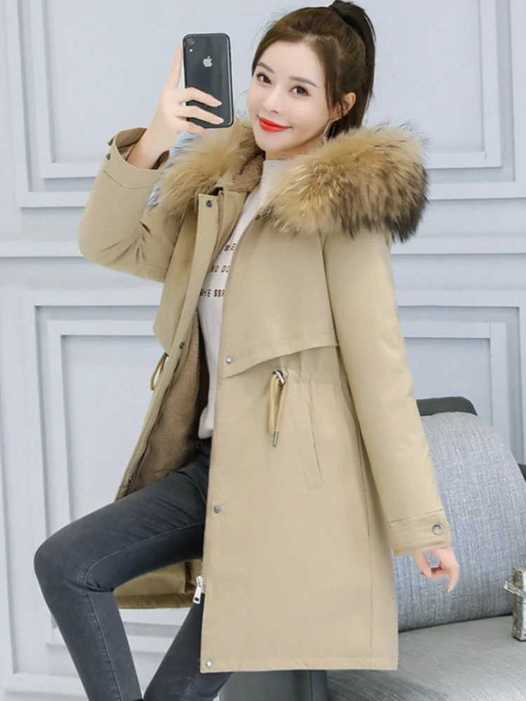 

Зимняя куртка-парка для женщин, термохлопковое пальто с меховым капюшоном, застежка-молния, тепло для экстремального холода