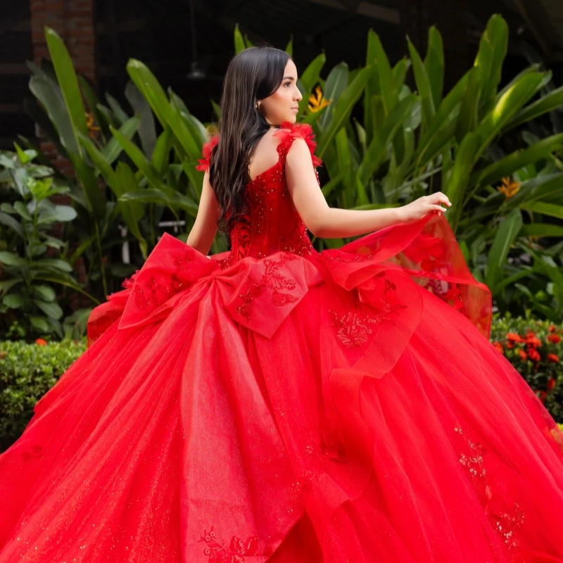 Red Off The Shoulder Ball Gown Quinceanera Dresses Appliques Flower Beading Crystal Tull Sweet 16 Dress vestidos 15 anos