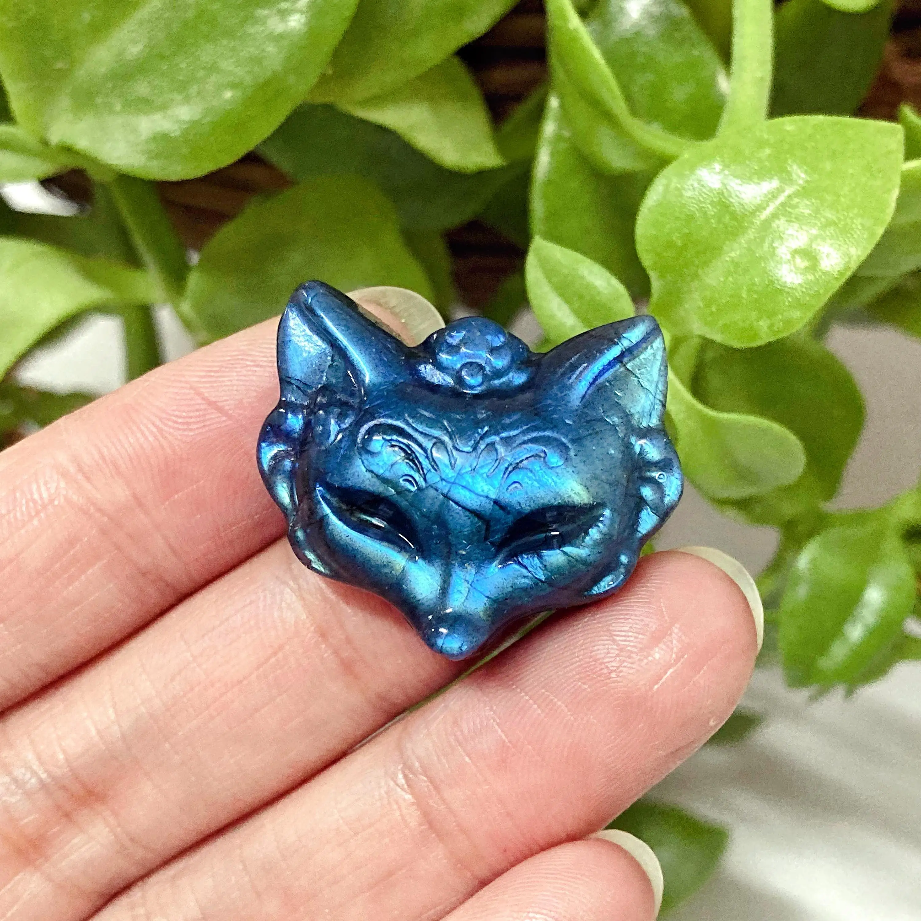 1pc Hand-Carved Labradorite Fox Mask, Hand-Carved Crystal Animal Talisman, Suitable Gift for Home Decor, Halloween, Christmas
