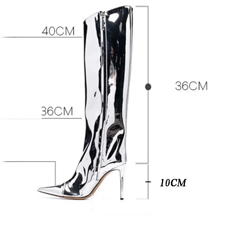 Eilyken Autumn Winter Gold Silver Designer Patent Leather Women Long Knee High Heels Boots Punk Pointed Toe Sexy Zapatos mujer