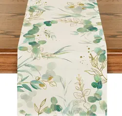 Beige Greenery Eucalyptus Summer Linen Table Runner Spring Seasonal Holiday Decor Kitchen Dining Table Runner Home Party Decor