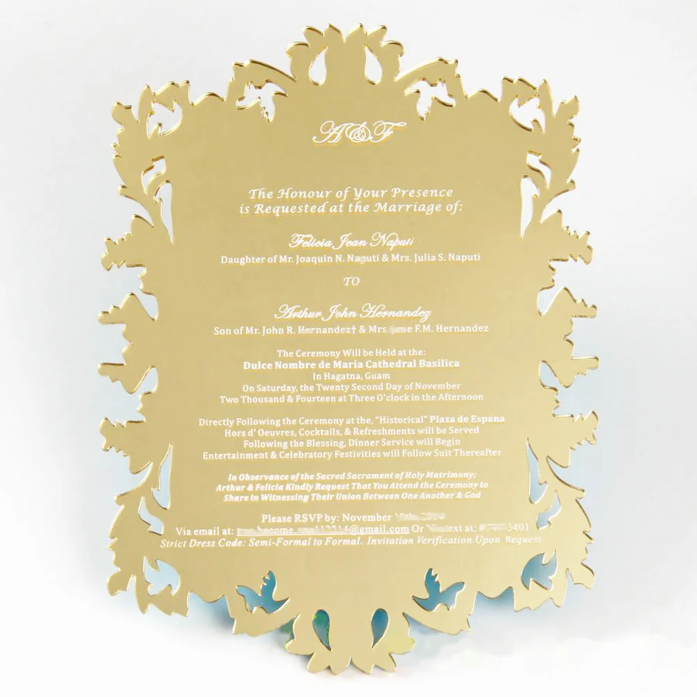 

Custom gold mirror acrylic wedding invitation 5x7 inches one-sided print party invitation menu cards