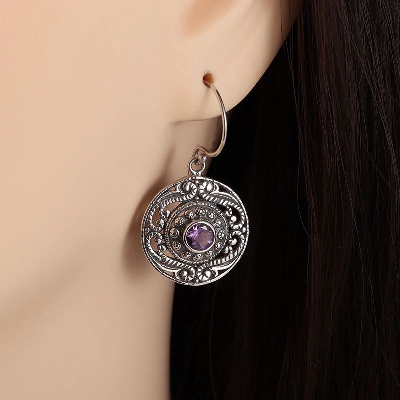 

Classic Vintage Ethnic Purple Gemstone Pattern Hypoallergenic Women's Earrings Elegant Banquet Party Anniversary Accessories