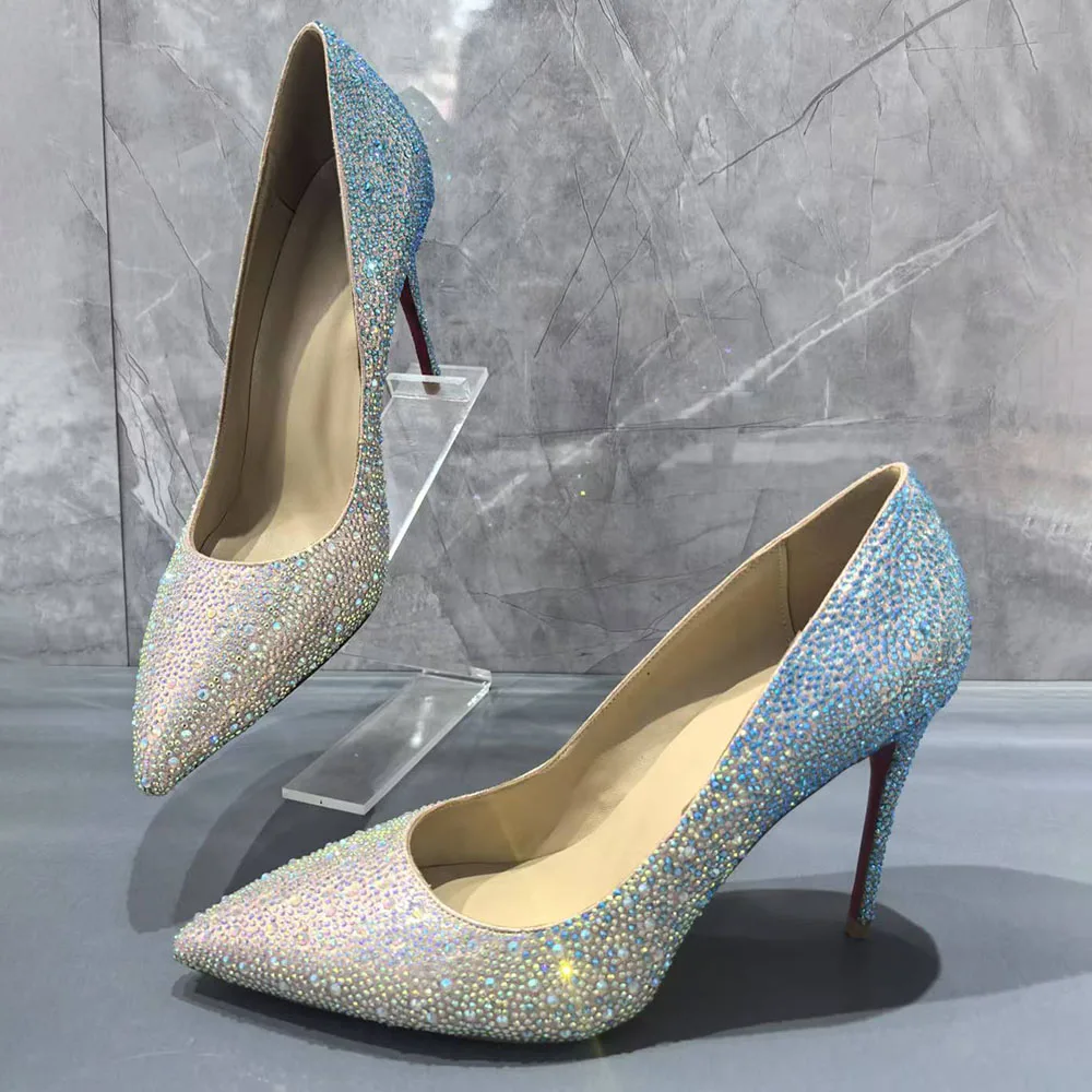 Colorful Gradient Rhinestone High Heels Shiny Luxury Crystal Shoes Pointed Stiletto Slip-On Sexy Pumps Large Size Wedding Shoes