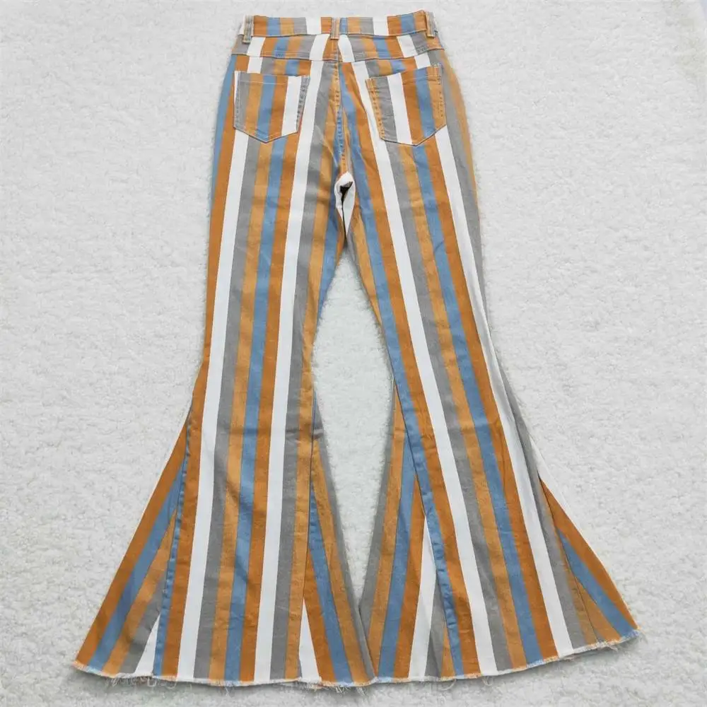 Wholesale Boutique Adult Women Adjustable Denim Jeans Colorful Striped Bell Bottom Pants Pocket Trousers