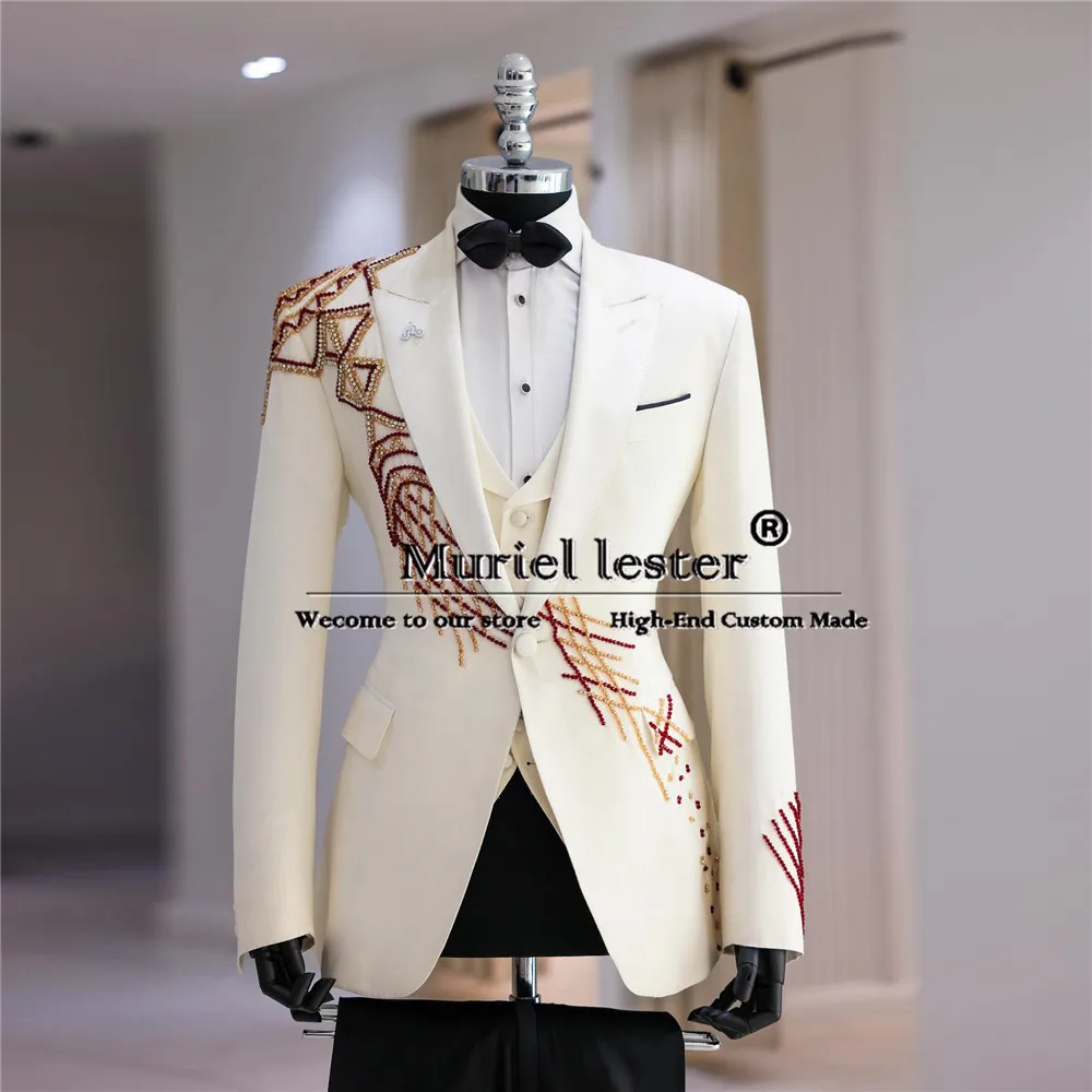 Formal Party Groom Wedding Tuxedo Tailored Crystals Beaded Jacket Vest Pants 3 Piece Men\'s Suits Costume Homme Pour Mariage