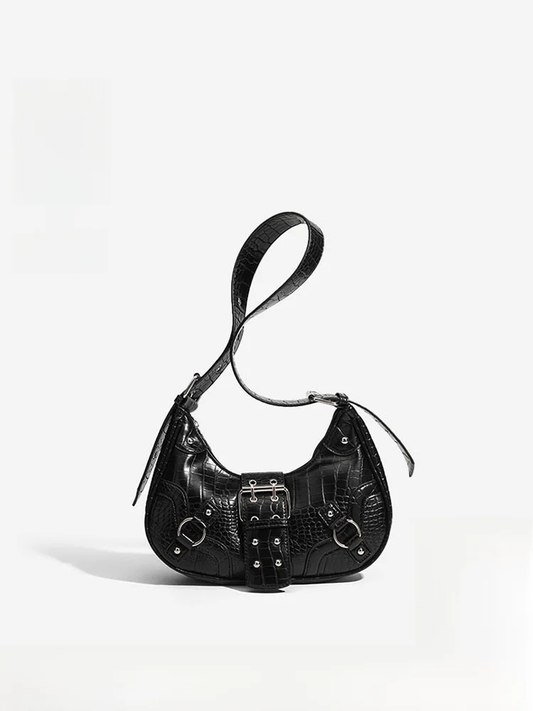 

Polaiya Autumn Winter Fashion Motorcycle Style Moon Shape Women's Underarm Bag Single Shoulder Crossbody Bag Retro Chic