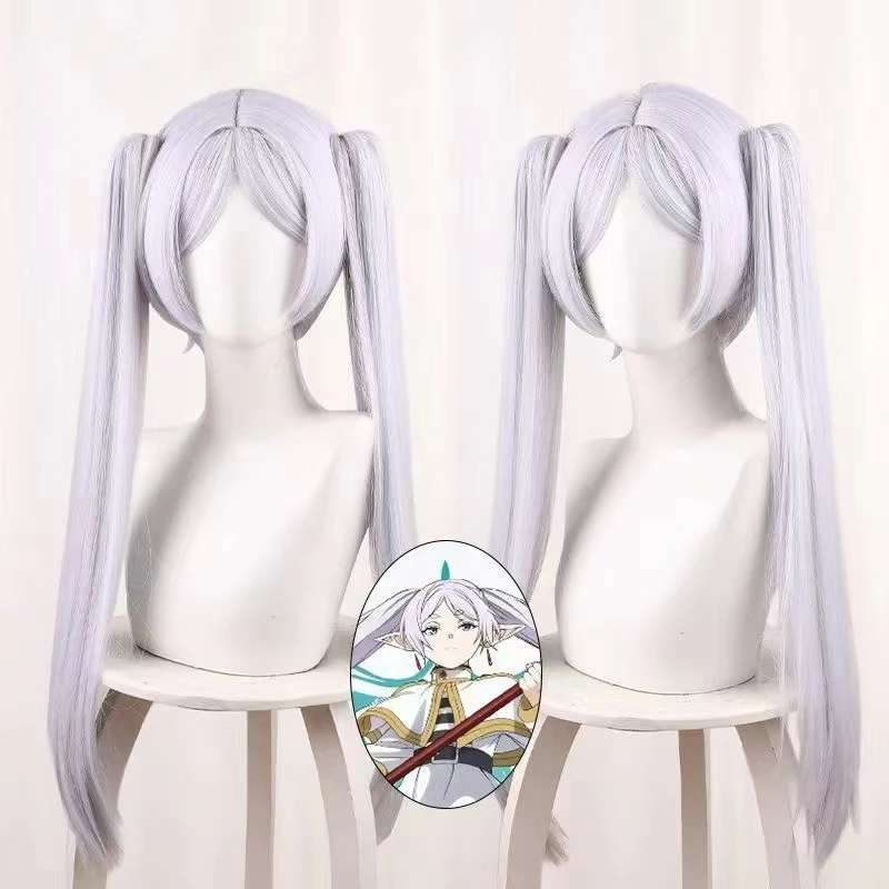 Wig cosplay Anime Frieren wig sintetis berkualitas tinggi dengan warna putih perak pendek dan kuncir ganda wig acara realitas anime dengan jaring mawar.