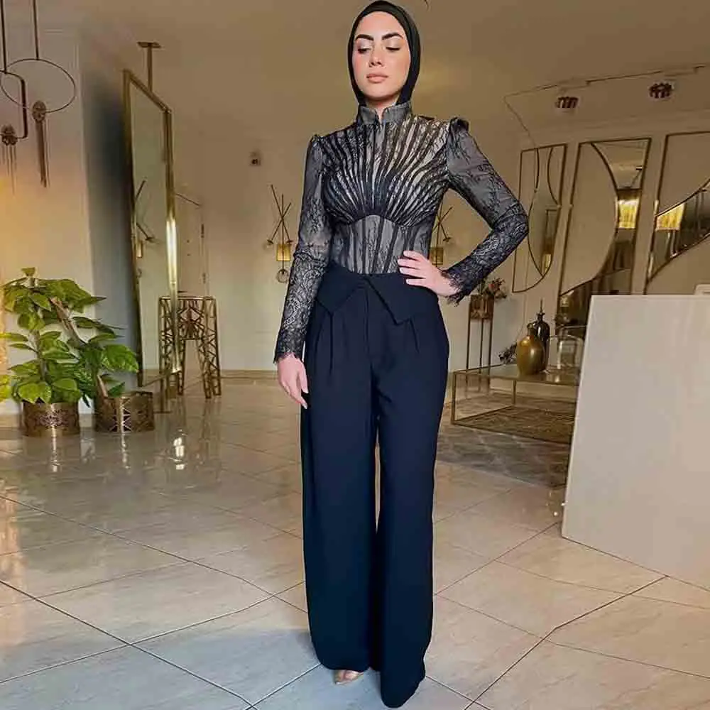 Customized Customized Black Muslim Two Piece Pants Set Stand Collar Lace Corset Evening Outfit Long Sleeve Blazer Wide Leg Trousers - Aliexpress Deal