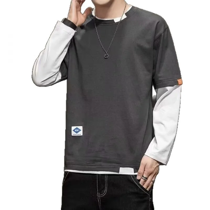 QICHE 2026 Spring Autumn Men Loose Fake Two Piece Long Sleeve Top, Crew Neck Streetwear Base Shirt