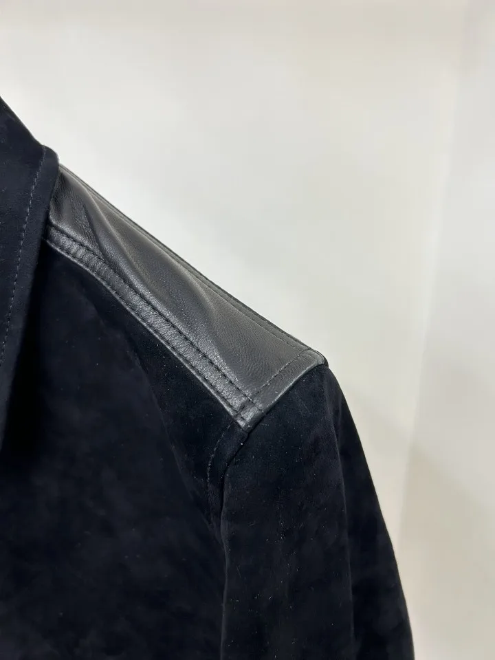 TF Men Suede Lamb Leather Jacket 2026 New Zipper Front Patchwork Design Soft Touch Retro Coat