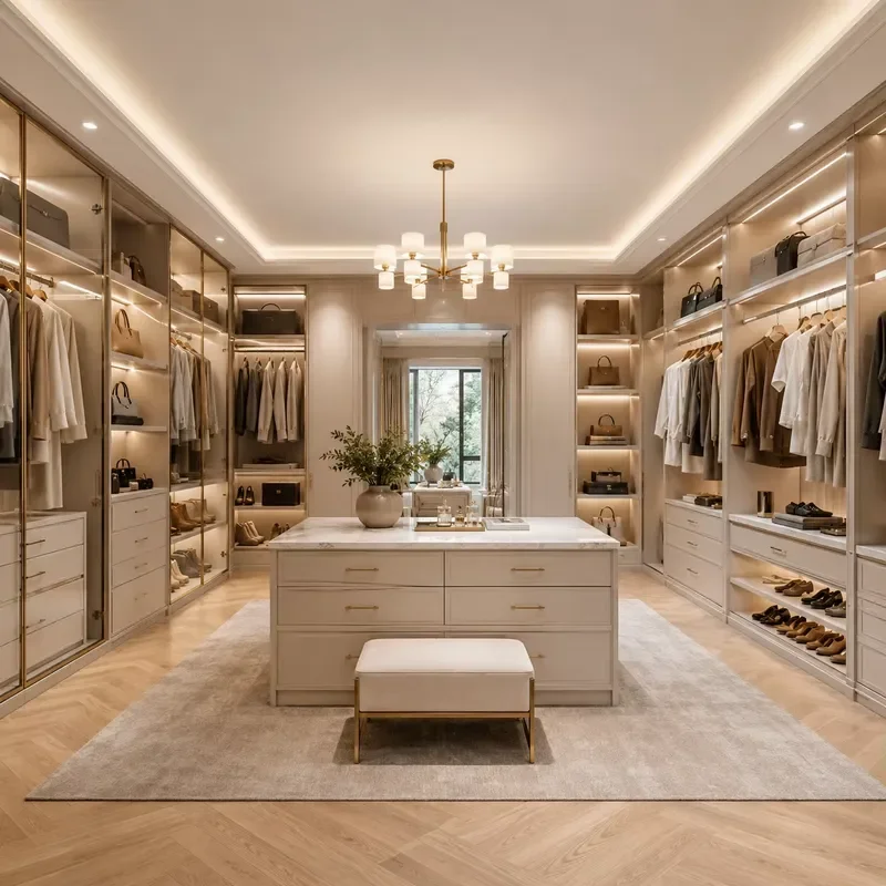 Modern Custom Walk in Closet Wardrobe System with Central Island Storage for Bedroom Storage with Custom Configuration