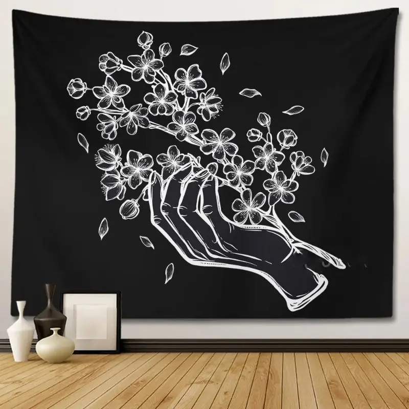 VIKAMA Witchcraft Palm Moon Flower Star Tapestry, Celestial Black White Wall Hanging, Aesthetic Bedroom Dorm Decor