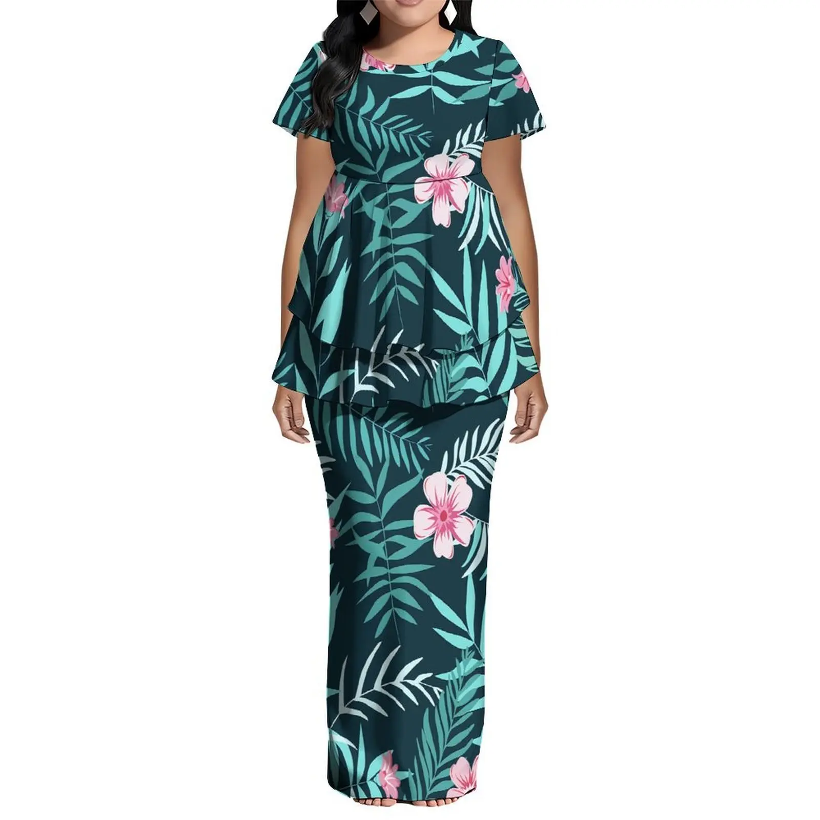 Round-Neck Floral Print Women'S Suit Skirt Elegant Short-Sleeved Double Hem Puletasi Custom Polynesian Festival Party Dress