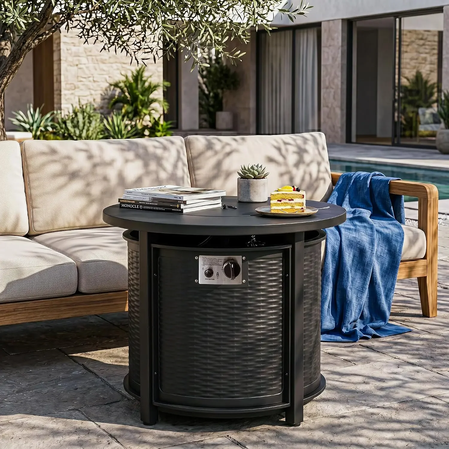 30'' Outdoor Round Propane Fire Pit Table, CSA-Certified 2-in-1 Gas Fire Pit with Rattan-Embossed Metal Frame, Stainless Steel