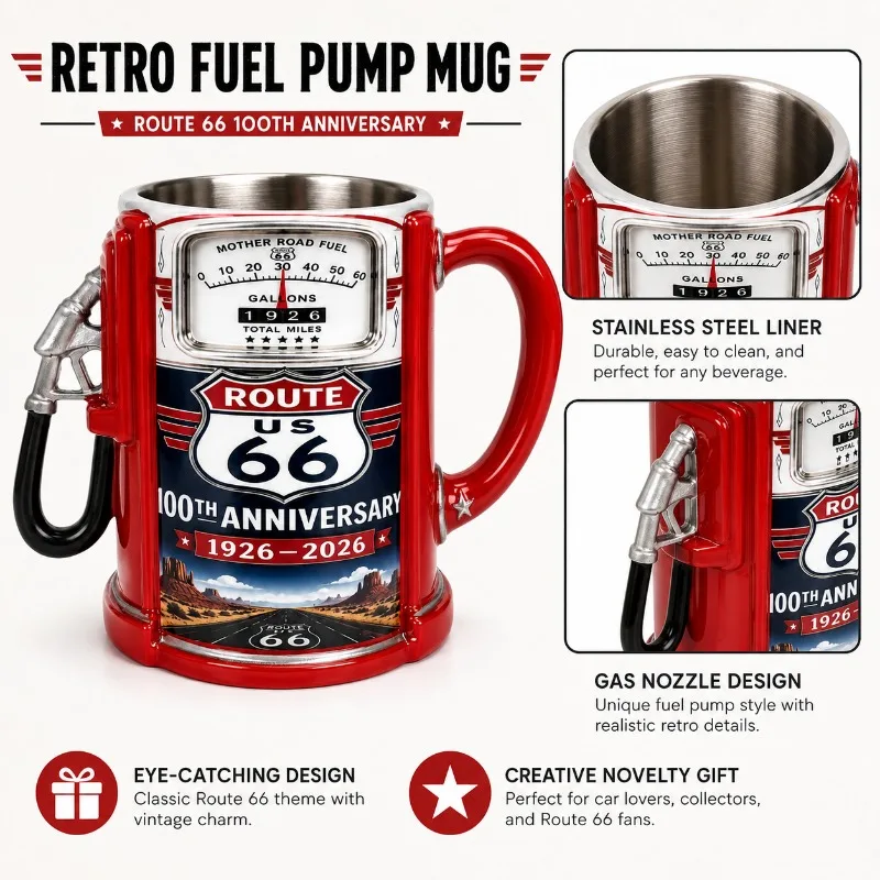 Route 66 Gas Pump Mug Resin Coffee Cup with Stainless Steel Inner Liner Retro Car Theme Novelty Drinkware Home Bar Decor Gift