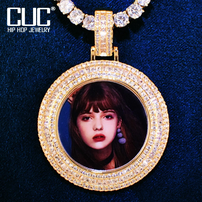 CUC Custom Zircon Round Photo Pendant For Men Women Solid Back Bling CZ Make Memory Picture Necklace Chain Hip Hop Jewelry