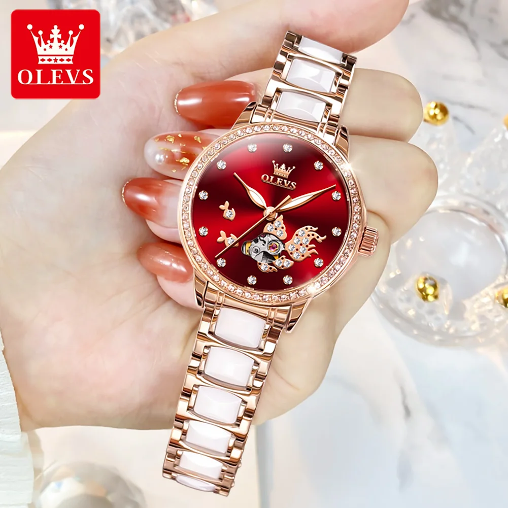 Koi Fish Dial Design OLEVS Ceramics Bracelet Women Watches Luxury Fashion Automatic Mechanical Watch Ladies Relogio