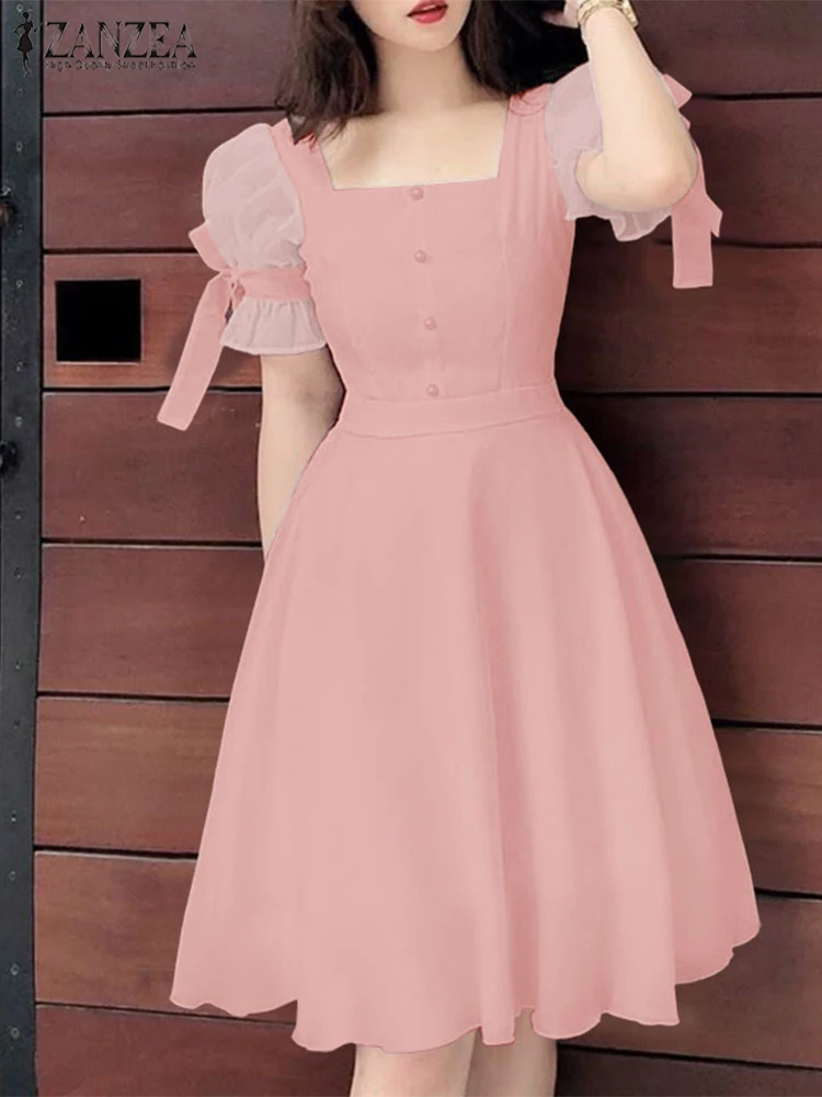 فستان حفلات نسائي من ZANZEA صيفي بأكمام قصيرة وخصر عالي على شكل حرف a بطول الركبة فستان صيفي مثير بياقة مربعة رداء شاطئ غير رسمي متين