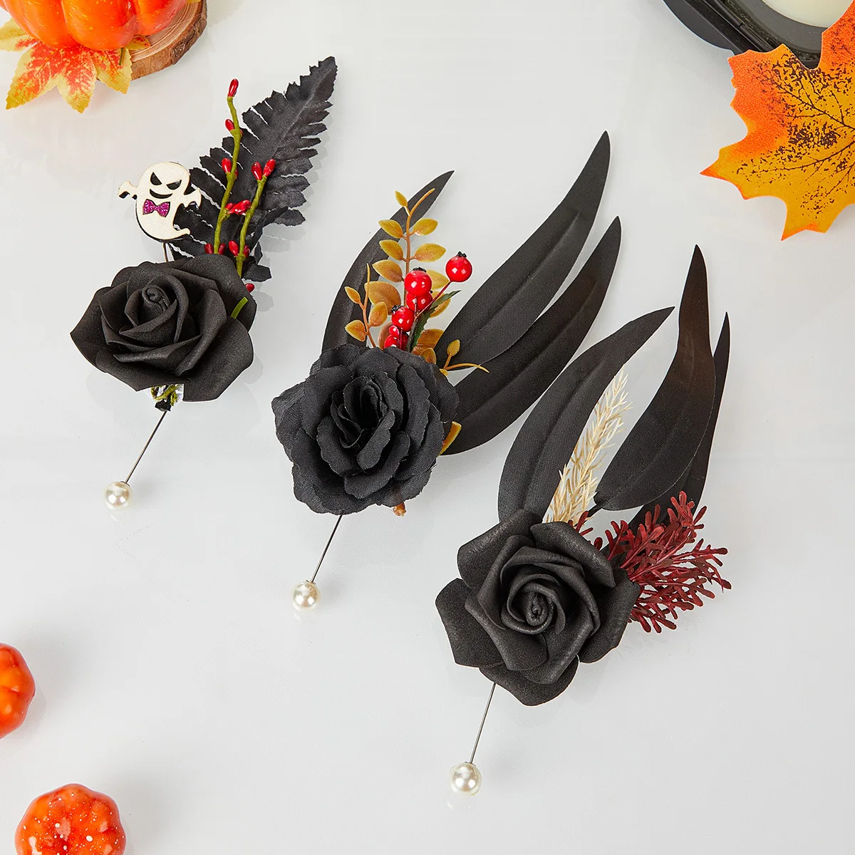 

Halloween Black Element Corsage Simulated Flower Feather Banquet Decoration Men Personalized Decorative Brooch Suit Accessories