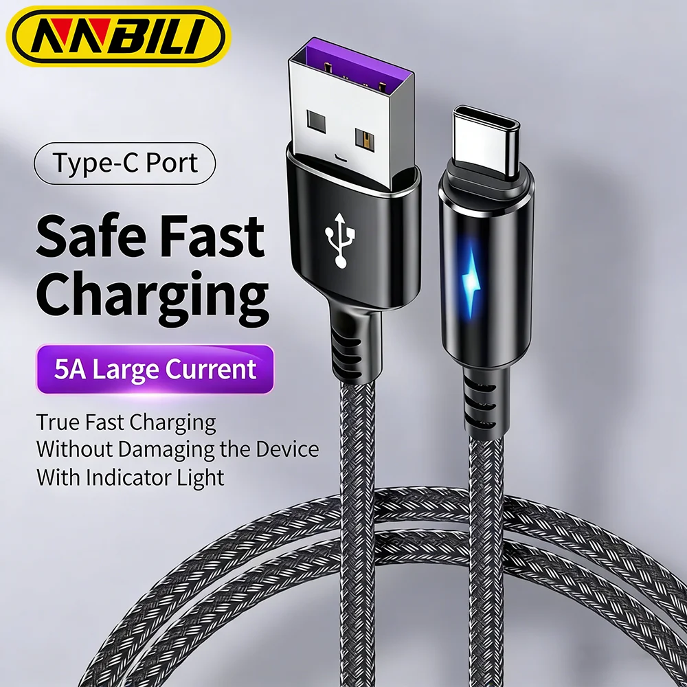 NNBILI USB-A-auf-Typ-C-Kabel, 5A Daten-USB-C-Kabel mit LED-Anzeige, Telefonkabel für Huawei Xiaomi Power Bank, schnelles Lade- und Datenkabel