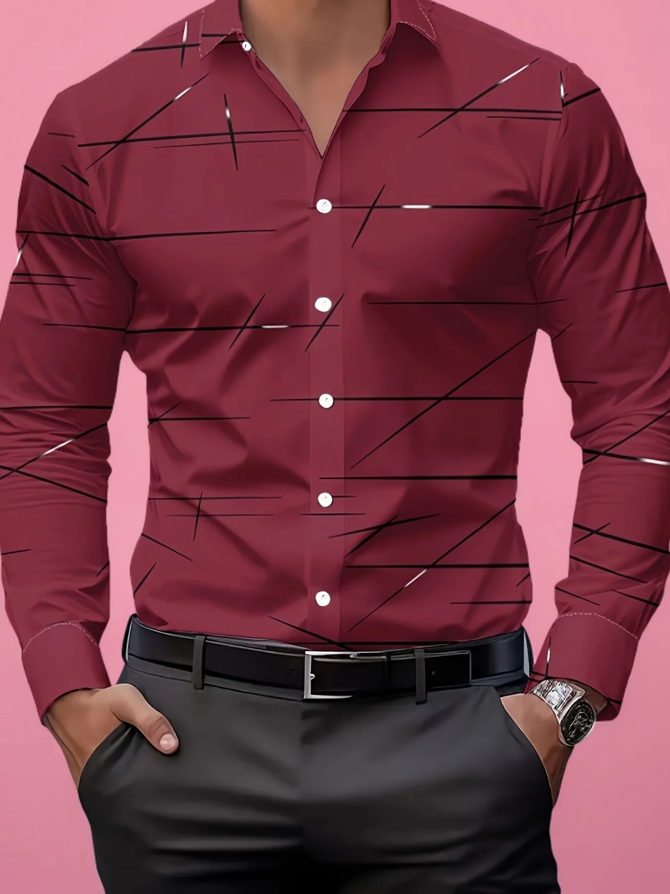 Trendy autumn and winter 3D printed men's simple and versatile striped design style men's slim fit casual lapel buckle comfortab