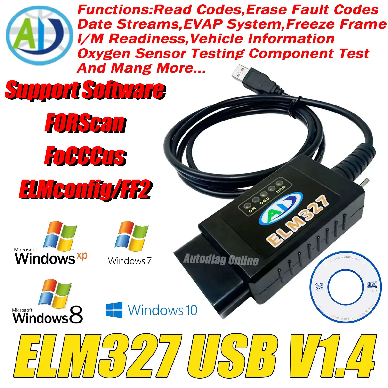 

ELM327 USB V1.4 FTDI FT232RL PIC18F2480 CAN-HS/MS for Ford Forscan Car Scanner Code Reader Automotive OBD2 Diagnostic Scanner