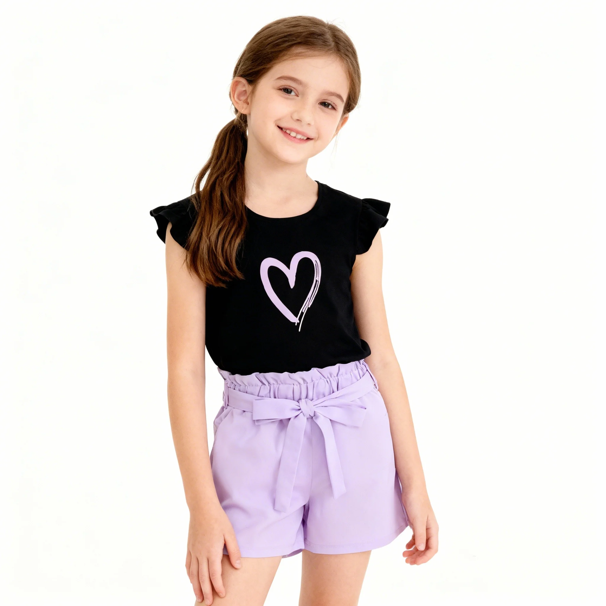 Zweiteiliges Sommer-T-Shirt für Mädchen mit Rundhalsausschnitt und fliegenden Ärmeln, bedruckt, einfarbig, Shorts mit Gürtel, modisches Freizeit-Set