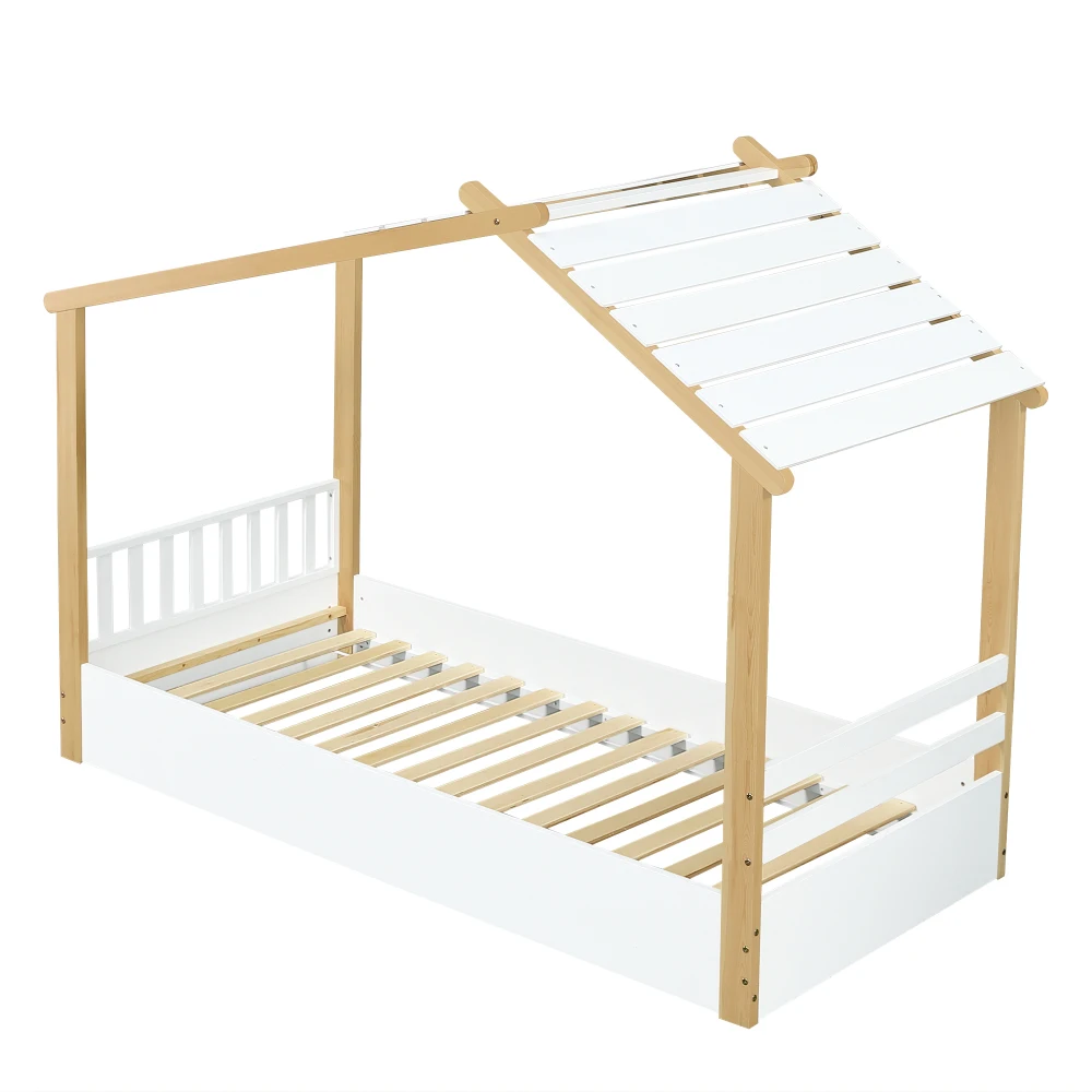 PINGGO Weißes Naturholz-Einzelbett 90x200cm Hausdesign Lattenrost Kiefer+Spanplatte+MDF Ohne Matratze – Detail 13