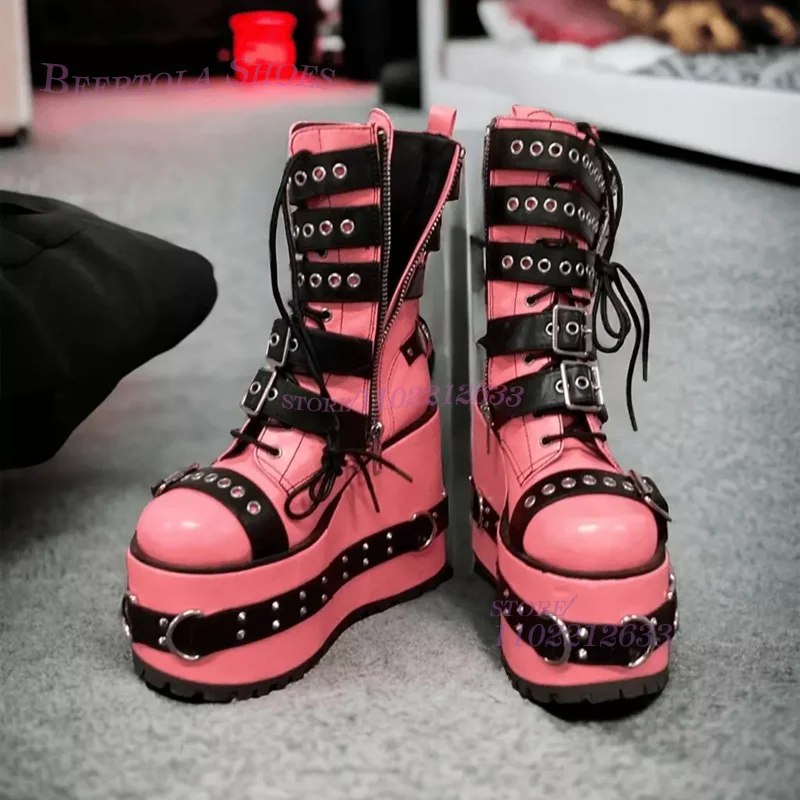 

Pink Leather High Platform Lace Up Belt Buckle Boots Cute Girls Wedge Heels Round Toe Ribandblack Rivet Stripes Cool Zipper Shoe