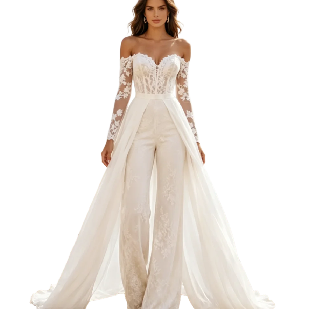 Bohemian Elopement Jumpsuit Wedding Dress 2026  Long Sleeve Sweetheart Corset Wide Leg Pant Detachable Chiffon Train Beach Bride