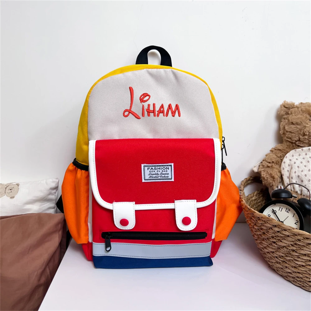 New Contrasting Color Kindergarten Backpack Personalized Name Children\'s Fashionable Simple Schoolbag Outdoor Travel Backpacks