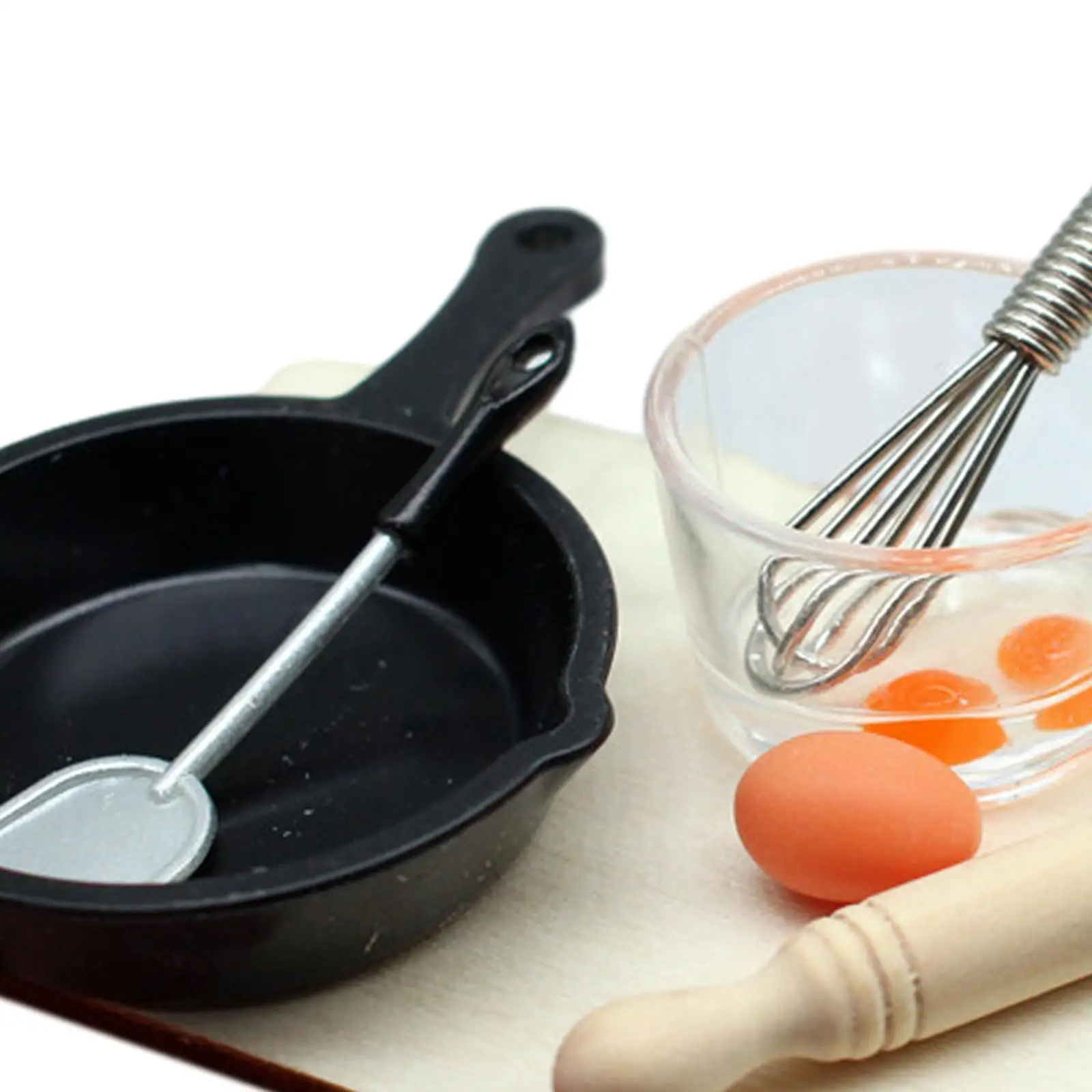 7x 1:12 Dolls House Cooking Tool Includes Egg, Rolling Pin,cutting Board, Bowl, Whisk, Pan and Spatula Dolls Furniture Toys