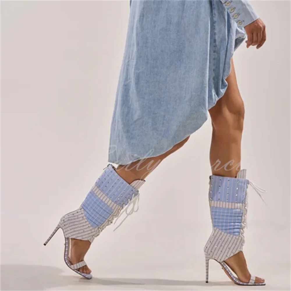 Mixed Color Sqaure Toe Strappy Sandals Women Sexy Blue Stripe Pattern Gladiator Stiletto Heel Lace Up Rivets Decor Summer Shoes