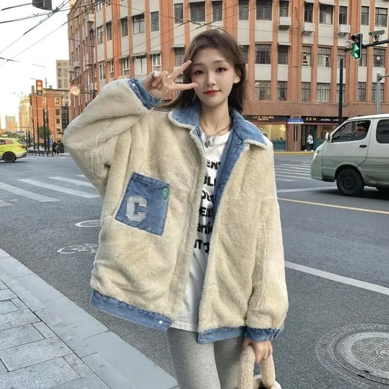 2023 New AutumnWinter Double Wear Rabbit Fur Plush Denim Cotton Coat Women's Thickened Warm Mid length Cotton Coat Cotton Coat