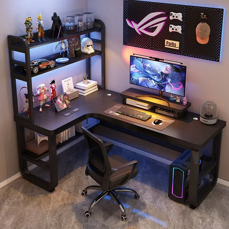 Corner Gaming Desk with Bookshelf Double Computer Table for Home Bedroom Desktop Workstation Integrated Storage Shelf